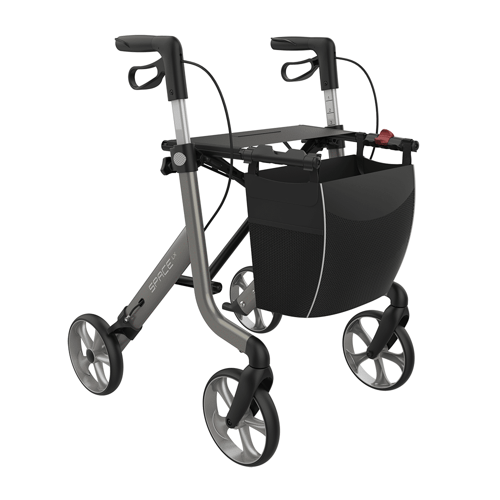 Rehasense SPACE LX rollator in Champagne Gold, front three-quarter view