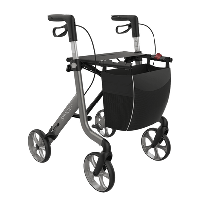 Rehasense SPACE LX rollator in Champagne Gold, front three-quarter view