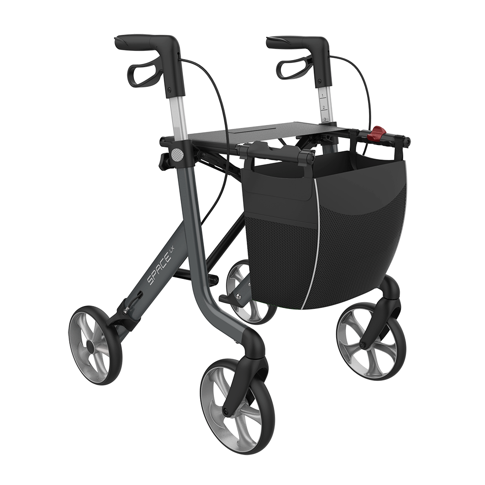Rehasense SPACE LX rollator in Sober Grey, front three-quarter view