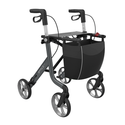 Rehasense SPACE LX rollator in Sober Grey, front three-quarter view