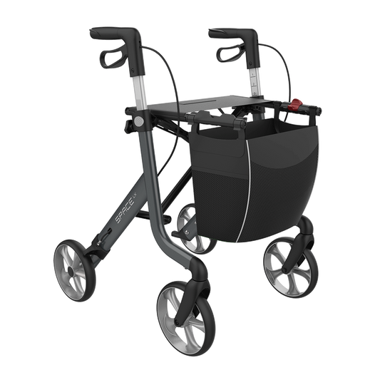 Rehasense SPACE LX rollator in Sober Grey, front three-quarter view