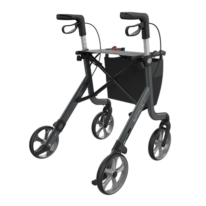 Rehasense SPACE LX rollator in Sober Grey, rear three-quarter view