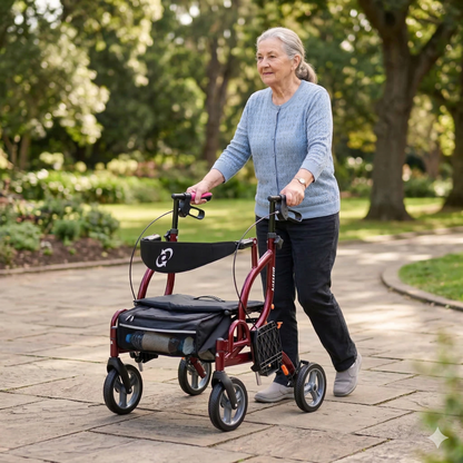 Lifestyle image of an older couple walking outdoors on a sunny day, with the man using the red Airgo Fusion F18 rollator for independent mobility.