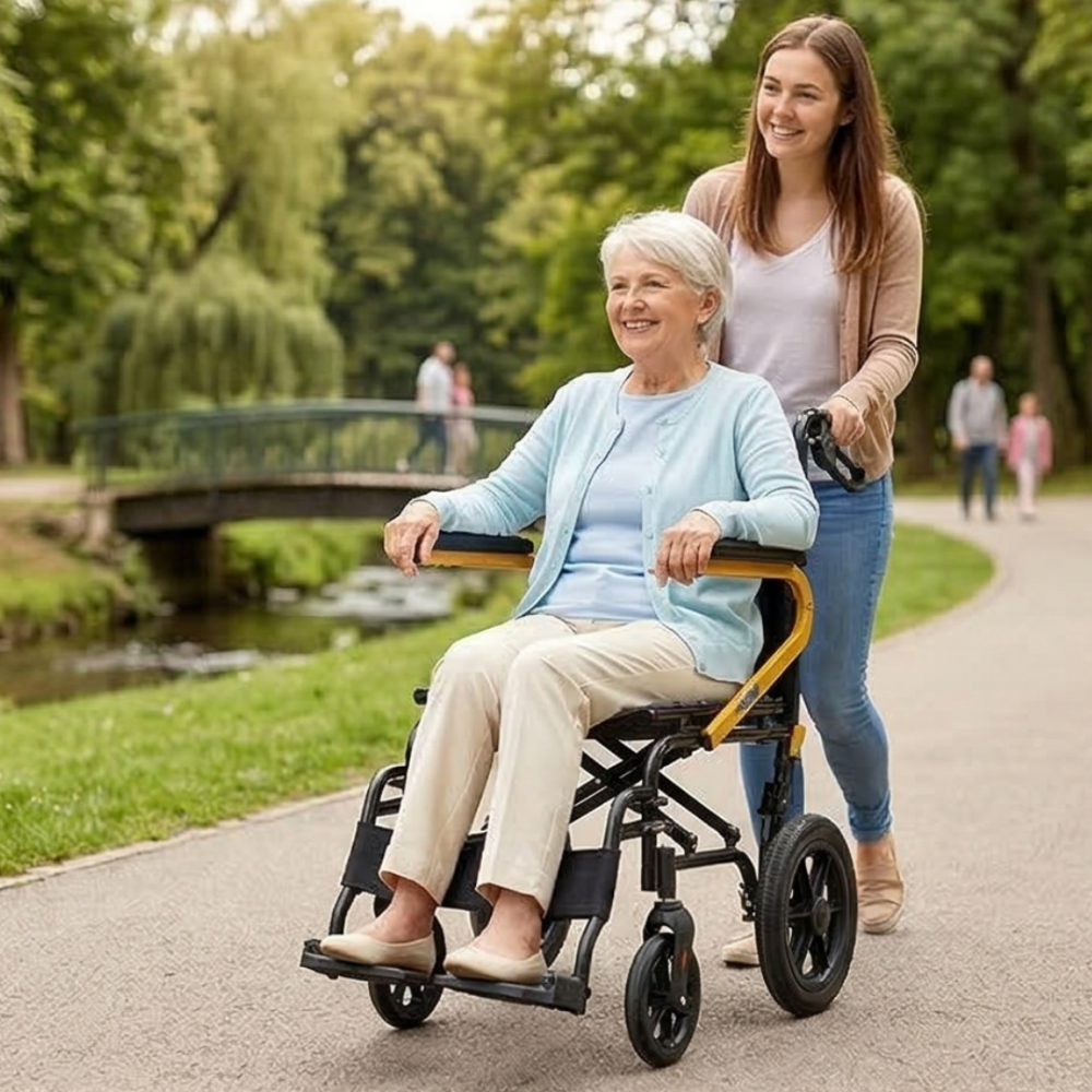 Lifestyle shot of an older woman pushing a man in the MOBB transport wheelchair through a sunny park.