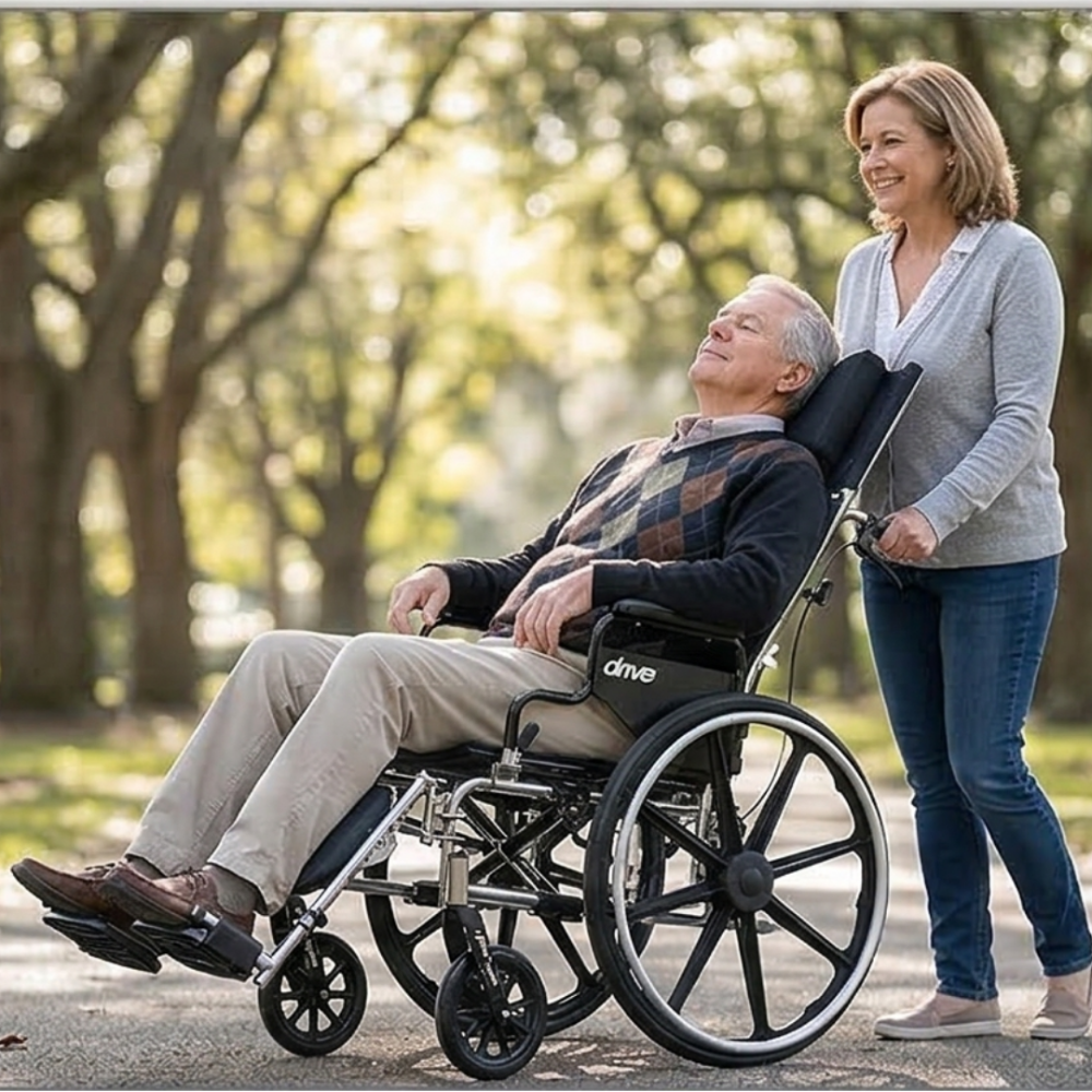 Lifestyle image of a caregiver pushing a senior woman in the Viper Plus reclining wheelchair along a scenic outdoor path.