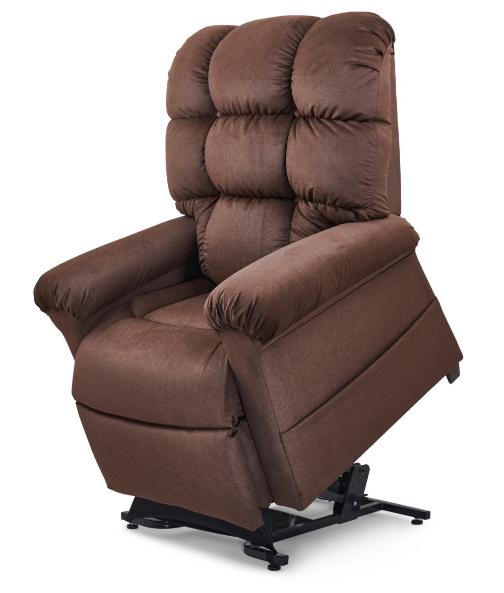 Golden Cloud PR510 lift chair in brown fabric, raised lift position, front three-quarter studio view