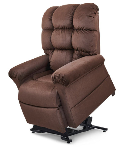 Golden Cloud PR510 lift chair in brown fabric, raised lift position, front three-quarter studio view