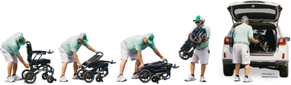 Man demonstrating folding a Pride Jazzy Carbon HD power wheelchair and lifting it into a vehicle, five-step manufacturer photo montage