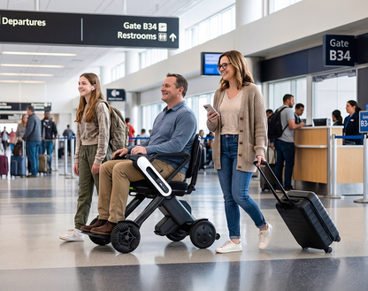 Man using a WHILL Model C Lite power wheelchair with white arm covers in an airport terminal beside two companions