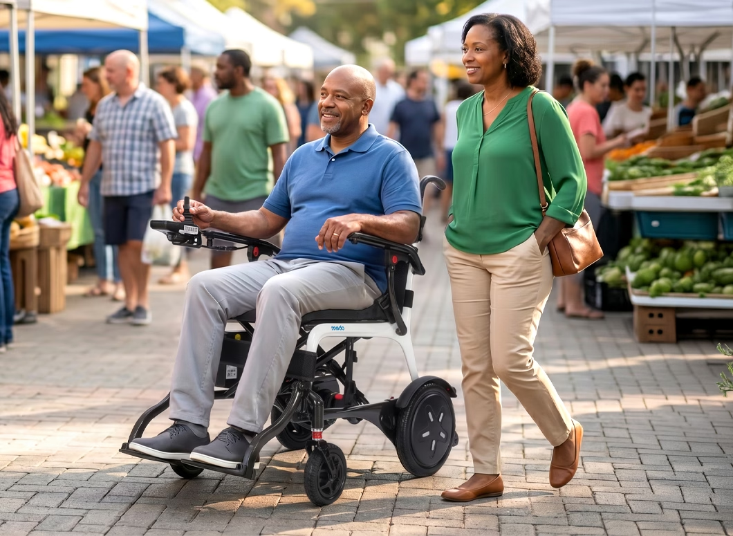 Man using a WHILL MODO Breeze power wheelchair at an outdoor market beside a companion
