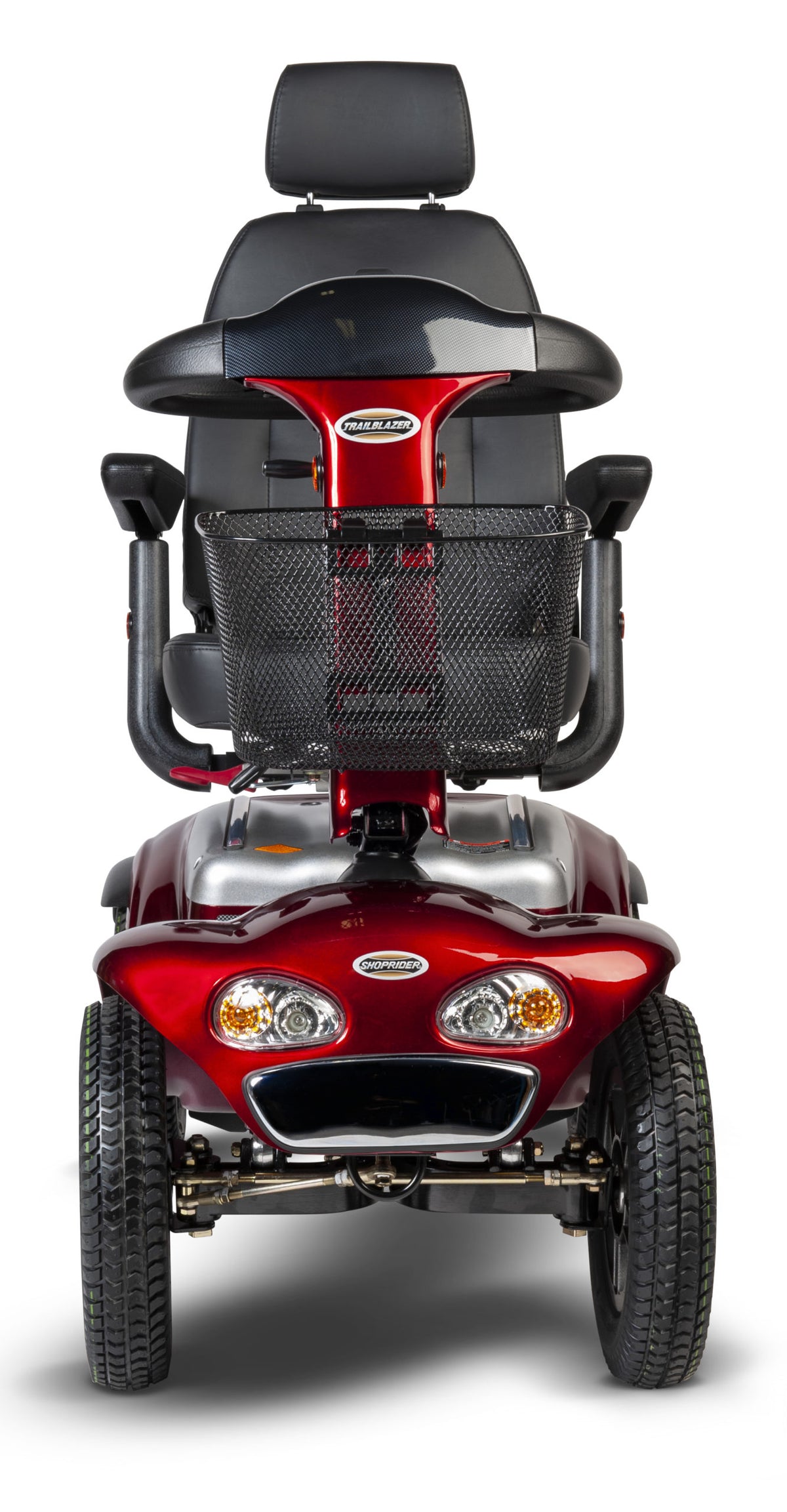 Red Shoprider TrailBlazer 889SL/SE mobility scooter, complete front studio view