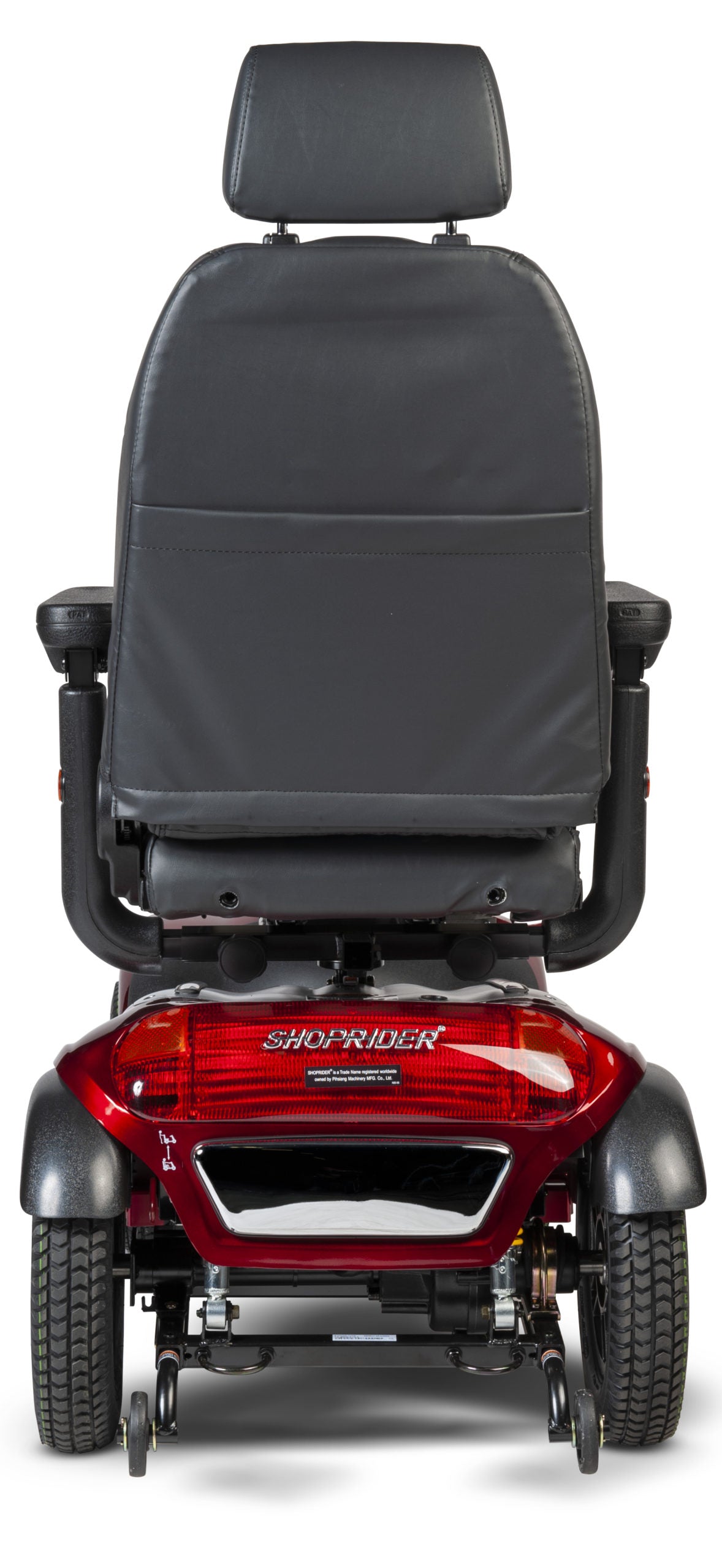Red Shoprider TrailBlazer 889SL/SE mobility scooter, complete rear studio view