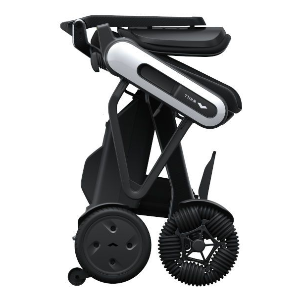 WHILL Model C Lite carbon power wheelchair folded upright for transport and storage