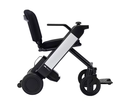 WHILL Model F power wheelchair with white arm covers, complete side studio view