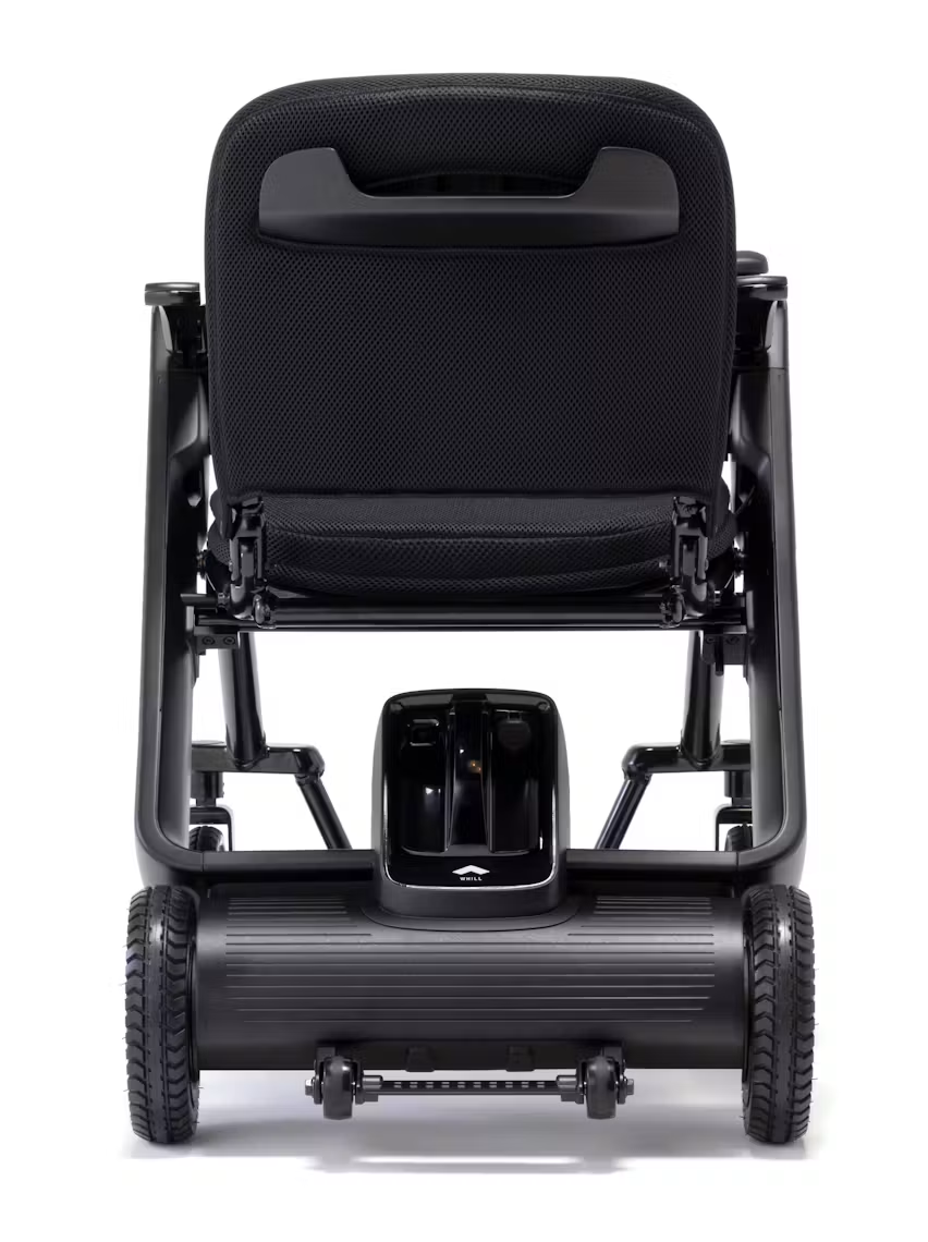 WHILL Model F power wheelchair, complete rear studio view