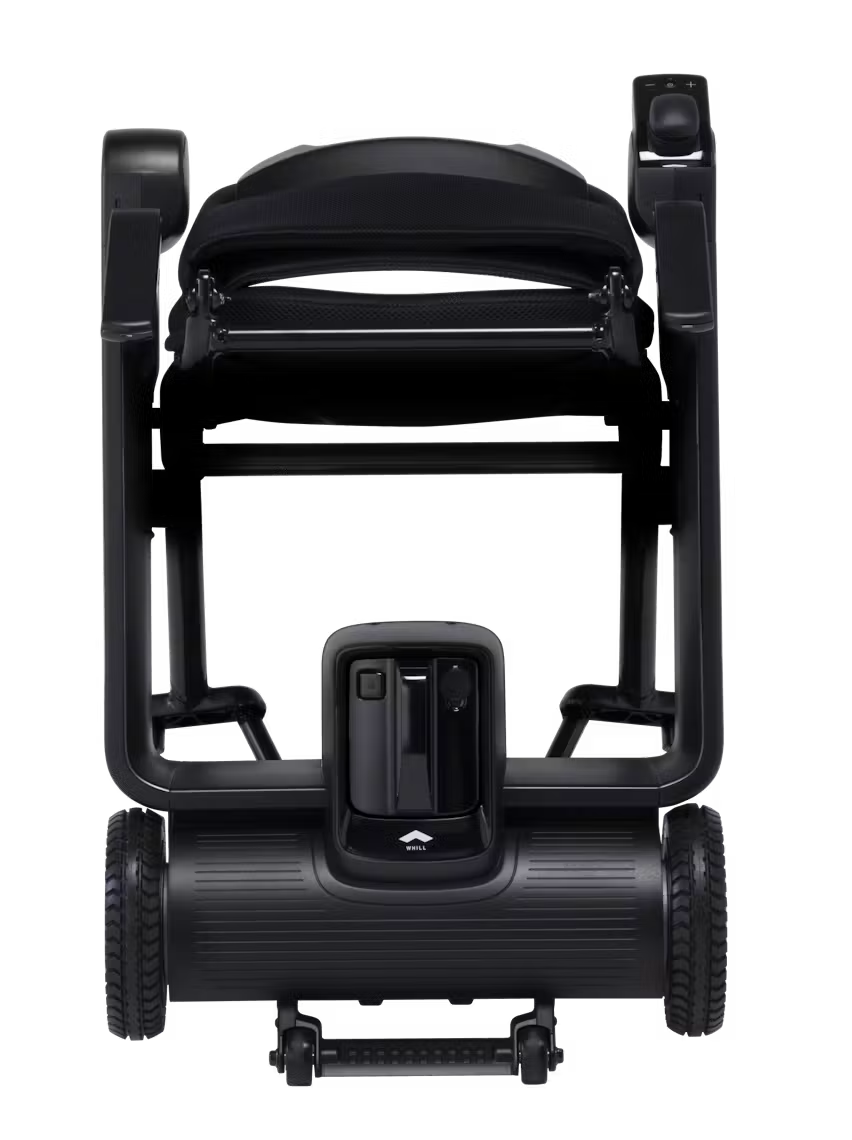 WHILL Model F power wheelchair, folded rear studio view