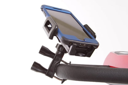 Golden cell phone holder with a smartphone mounted on a scooter tiller