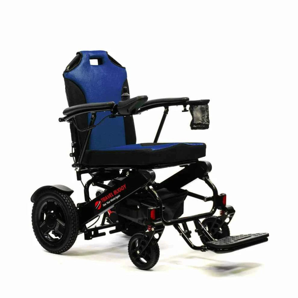 Left angle view of the Travel Buggy CITY 2 PLUS power chair featuring deep blue cushions.