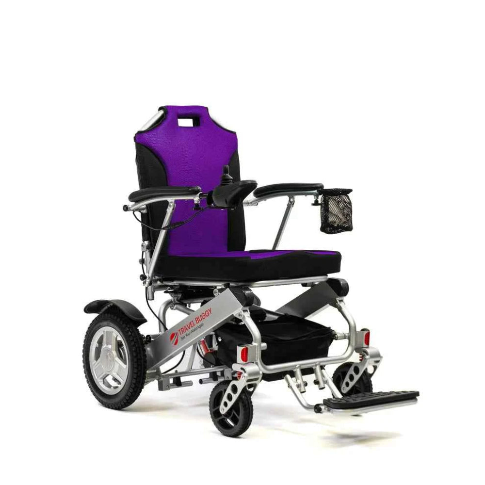 eft angle view of the Travel Buggy CITY 2 PLUS featuring the vibrant purple cushion set upgrade.