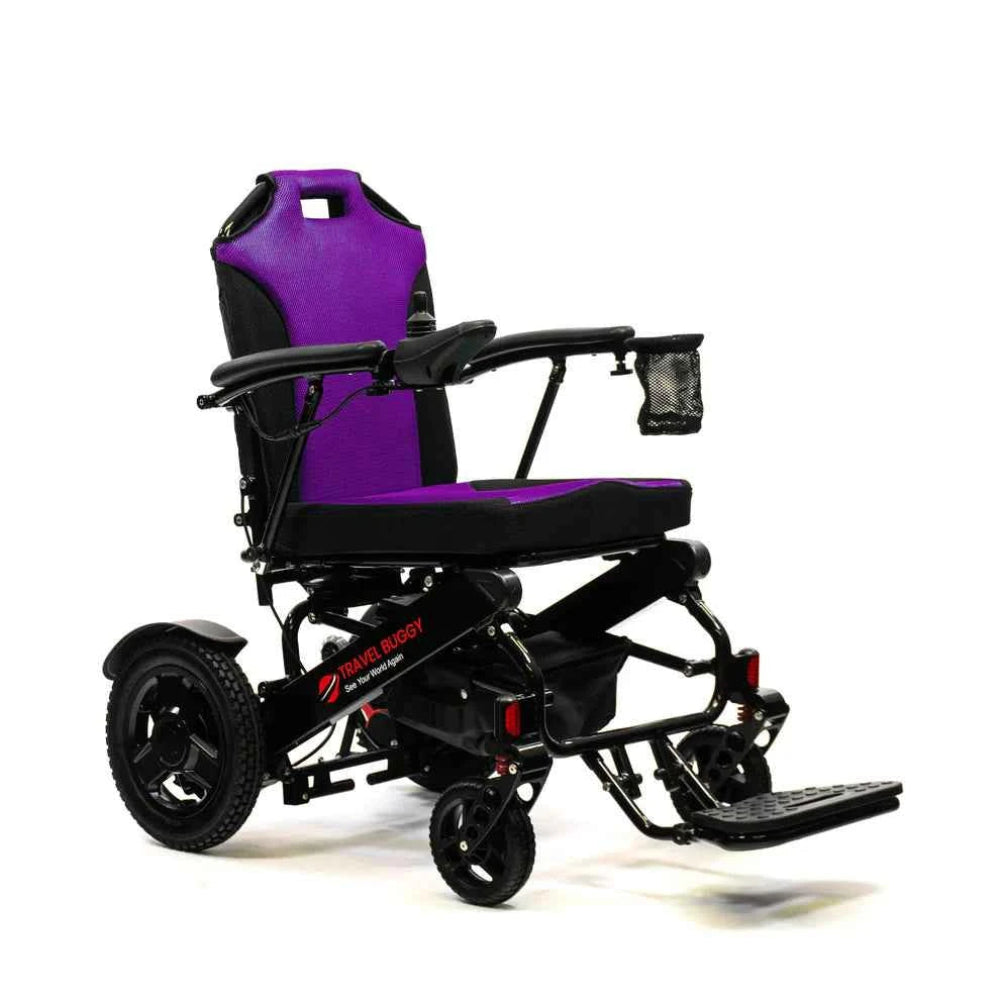 Right angle view of the CITY 2 PLUS folding power wheelchair in vibrant purple.