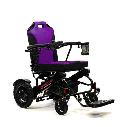 Right angle view of the CITY 2 PLUS folding power wheelchair in vibrant purple.