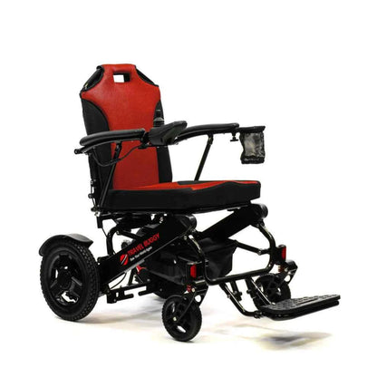 Right angle view of the CITY 2 PLUS electric wheelchair showcasing the vibrant red comfort cushions.