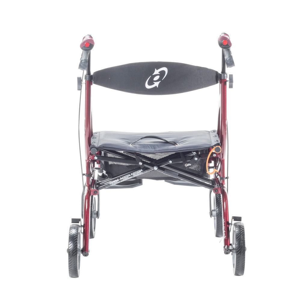 Rear angle of the Airgo Fusion F18 highlighting the caregiver push handles and under-seat storage.