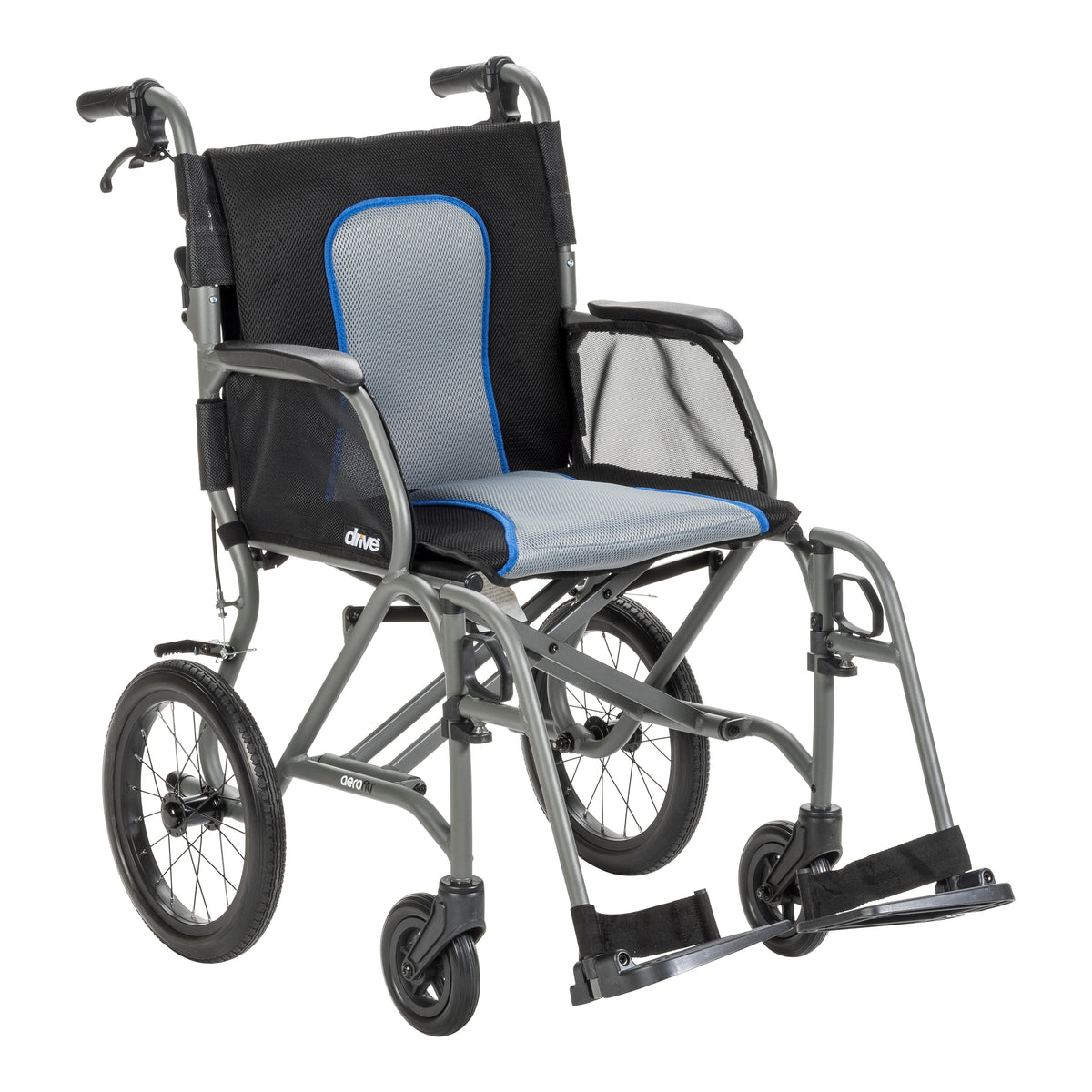 Drive AeroFly Ultra Lite transport chair in Grey, complete front three-quarter view with footrests.