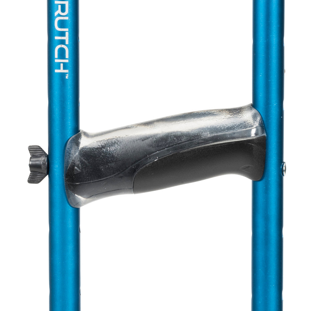 Close-up of the push-button height adjustment mechanism on the Sapphire blue Drive Medical Air-Crutch.