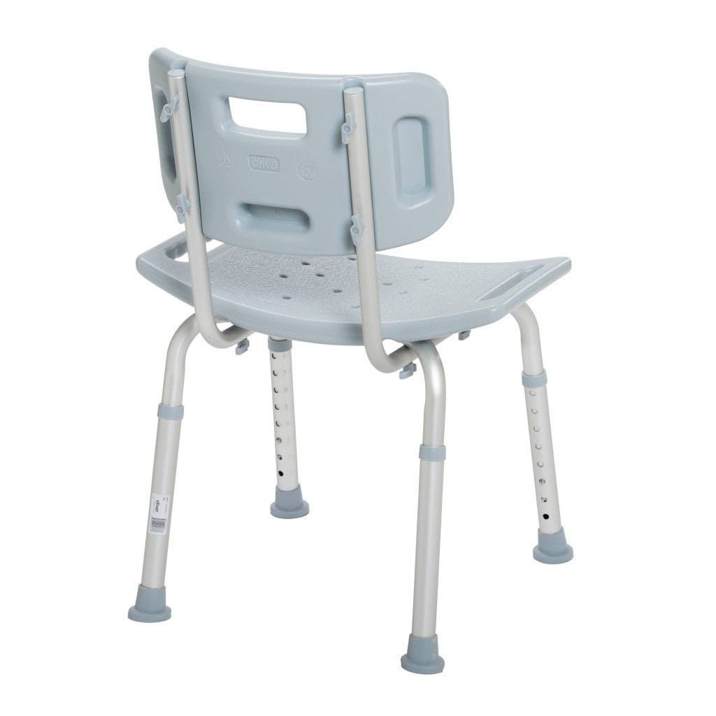 Rear angled view of the grey Drive Medical deluxe aluminum shower chair designed for safe bathing.