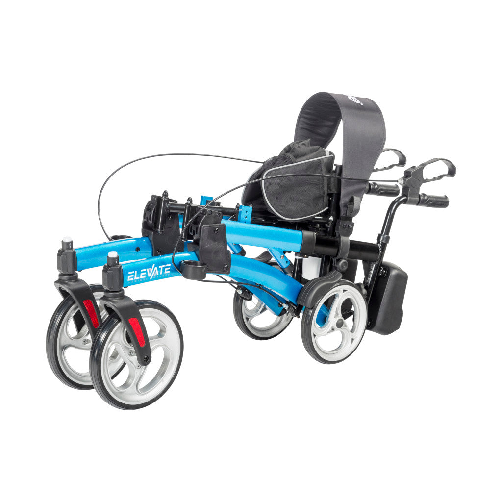 Side view of the Drive Medical Elevate Upright Rollator folded flat for easy transport.