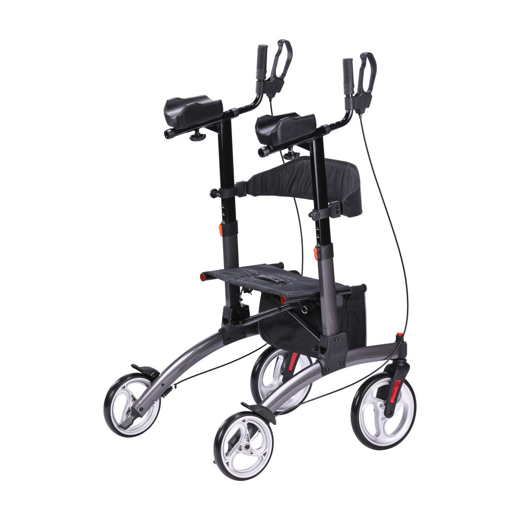 Front view of the grey Drive Medical Elevate Upright Walker featuring a secure lower storage bag and comfortable padded seat.
