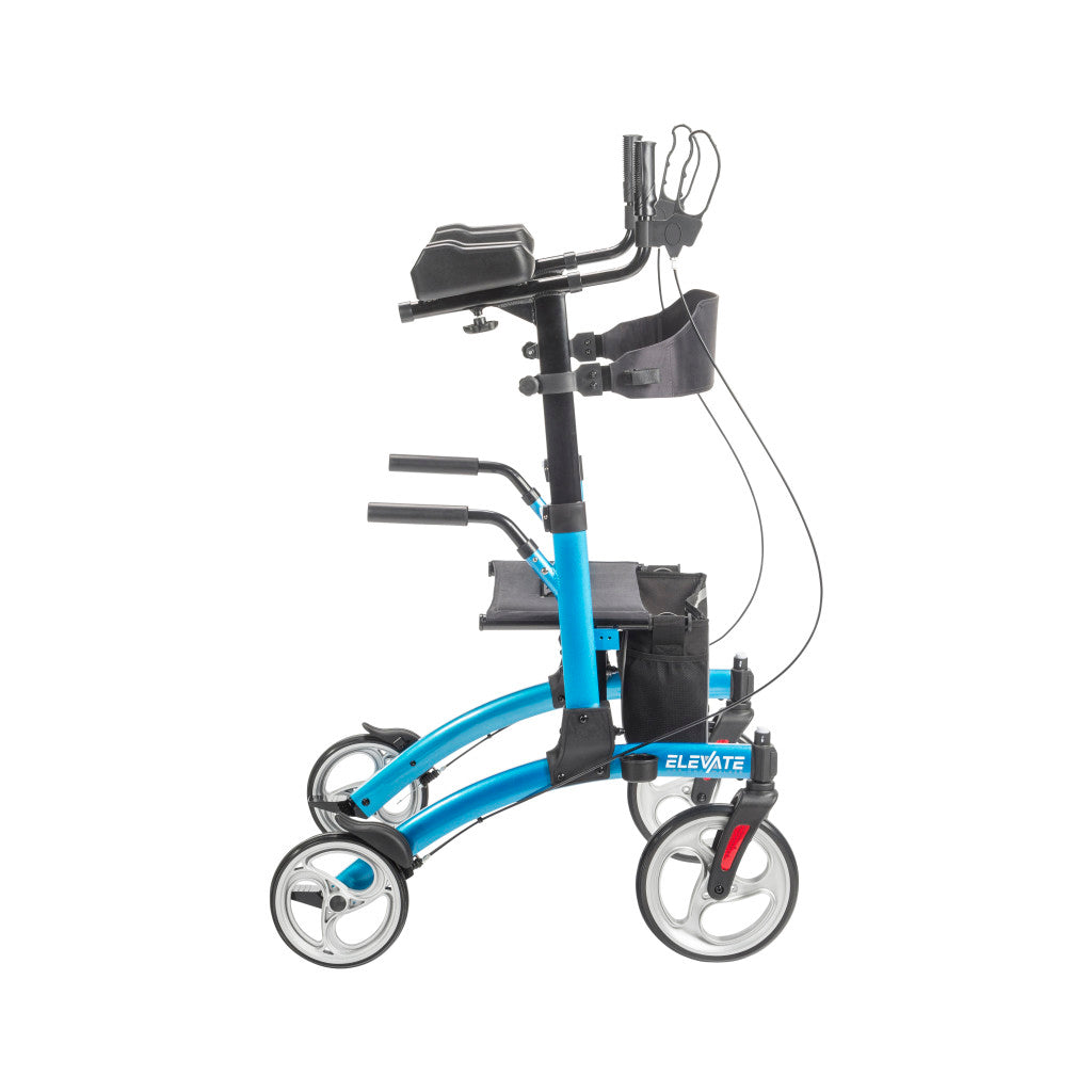 Full side profile of the blue Drive Medical Elevate Upright Walker showing its posture support frame.