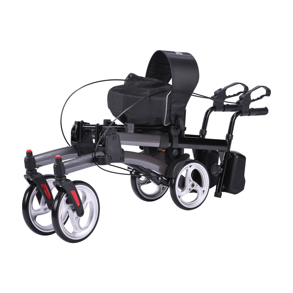 The grey Drive Medical Elevate Upright Walker folded completely flat for easy car transport and compact home storage.