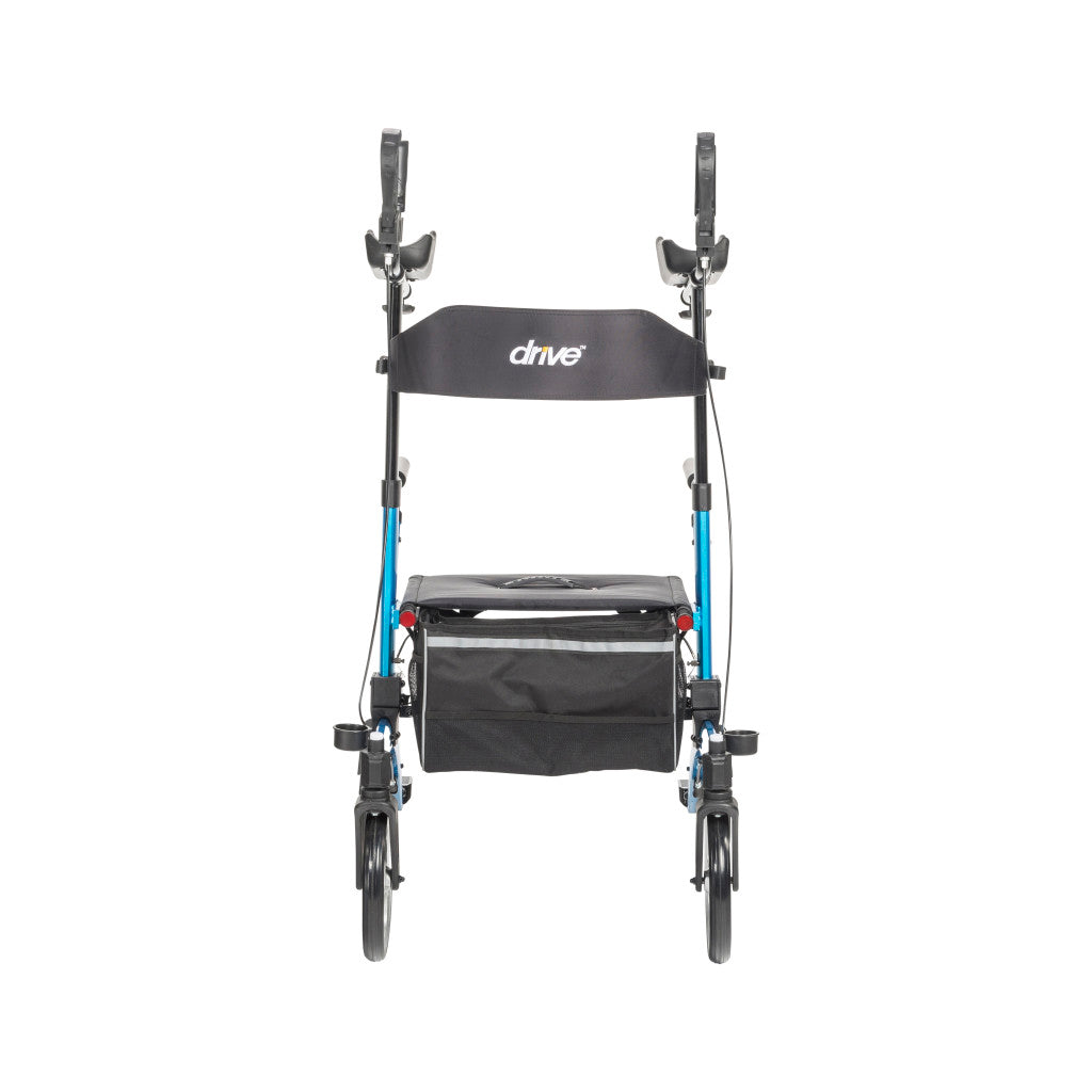 Front view of the blue Drive Medical Elevate walker showing the wide stable base.