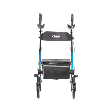 Front view of the blue Drive Medical Elevate walker showing the wide stable base.