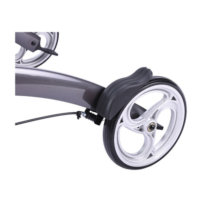 Close-up of the durable large front wheel on the grey Drive Medical Elevate Upright Walker, designed for smooth indoor and outdoor mobility.