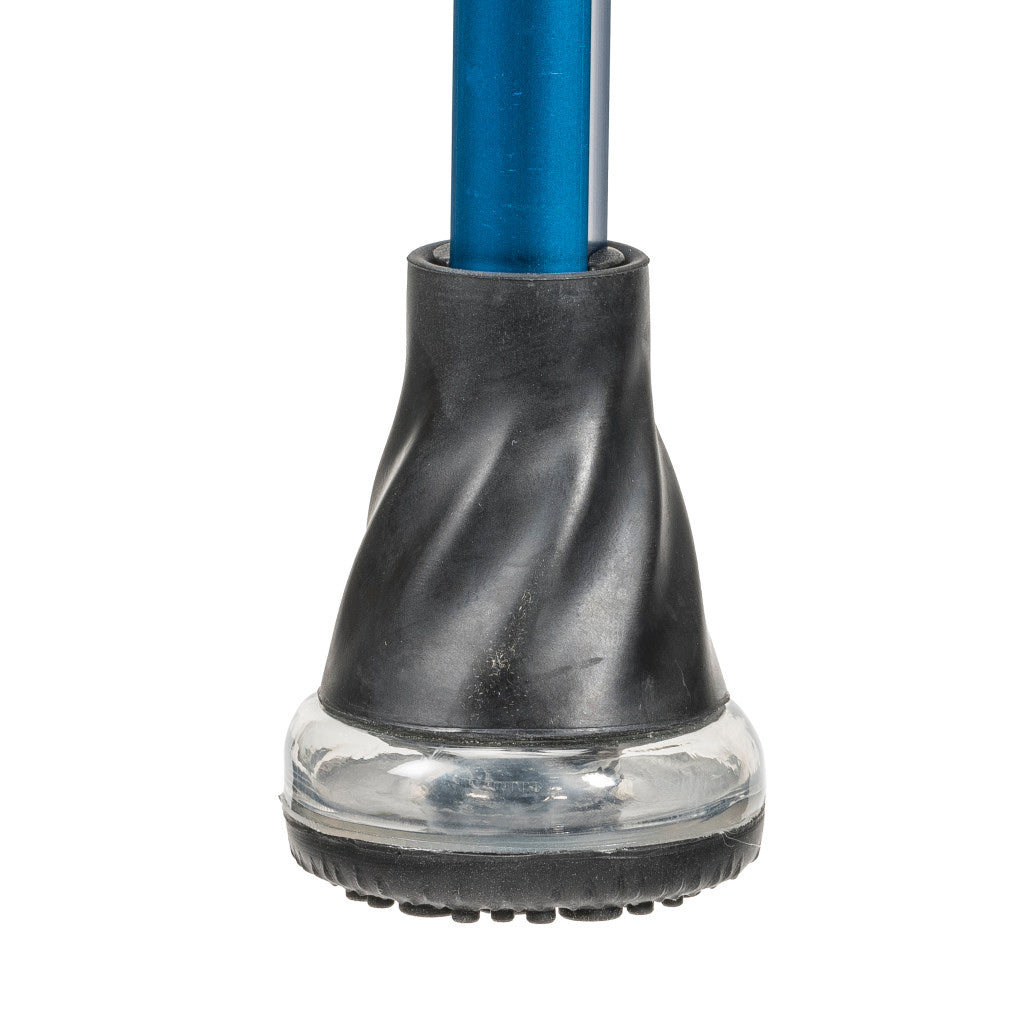 Detailed side view of the shock-absorbing articulating rubber tip on the Sapphire blue Drive Air-Crutch.