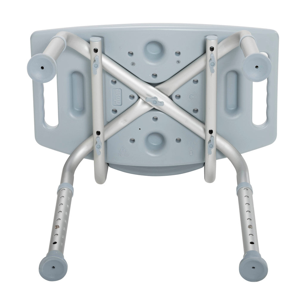 Underside view of the Drive Medical bath chair revealing the rust-proof aluminum cross-brace frame for added stability.