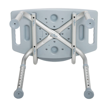 Underside view of the Drive Medical bath chair revealing the rust-proof aluminum cross-brace frame for added stability.