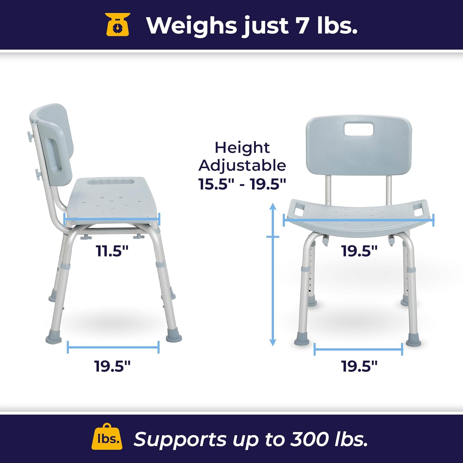 Infographic detailing the overall dimensions and adjustable seat height of the Drive Medical aluminum bath chair.