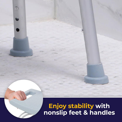 Close-up infographic highlighting the angled, non-slip rubber feet designed to prevent sliding in wet bathtubs.