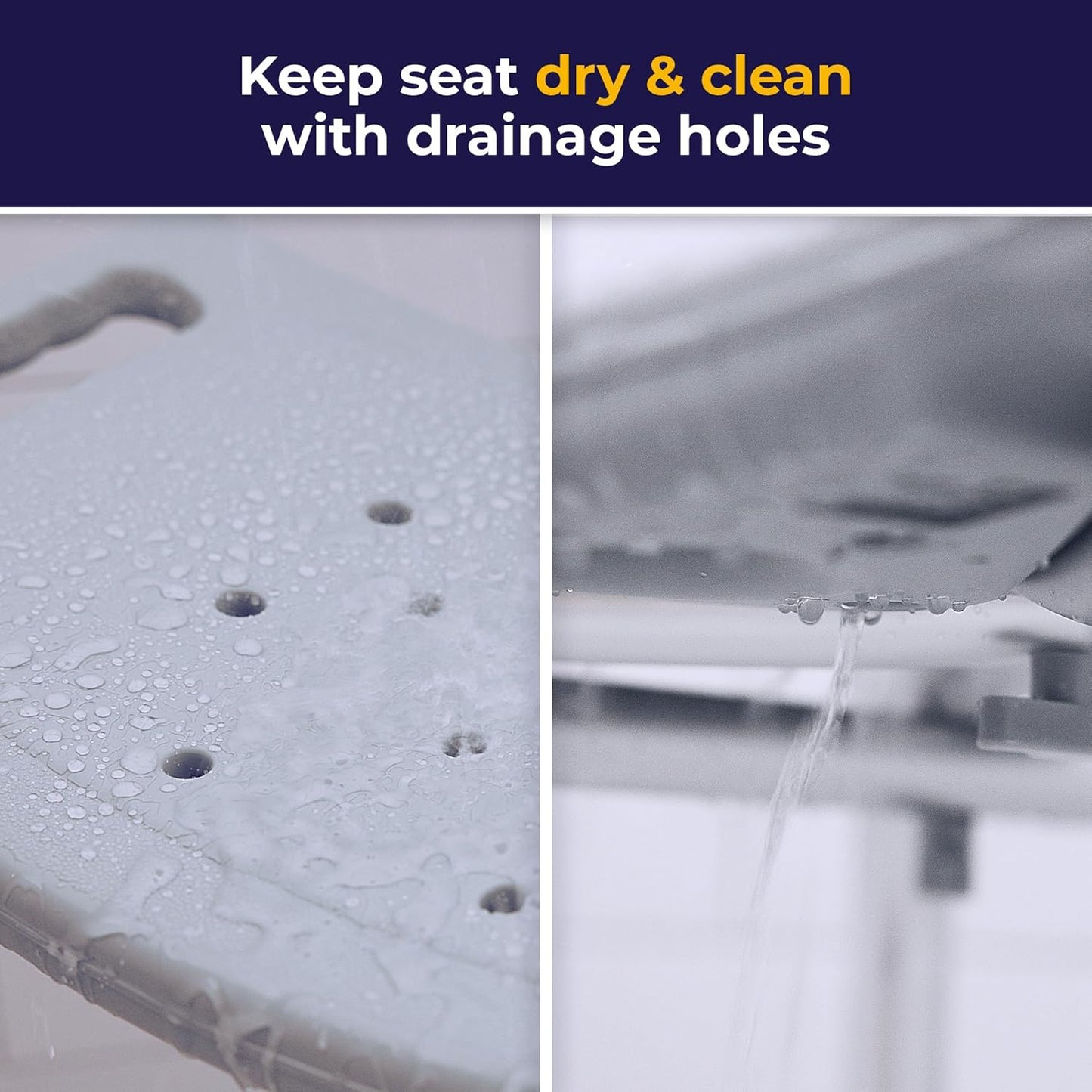 Close-up infographic showcasing the strategically placed drainage holes on the Drive Medical bath chair seat to prevent water pooling.