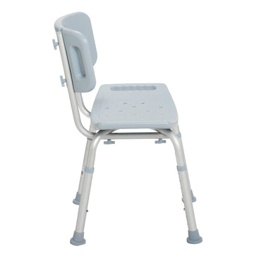 Side profile of the Drive Medical aluminum bath chair showing its sturdy angled legs and ergonomic backrest.