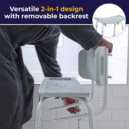 Close-up lifestyle shot demonstrating a user gripping the built-in side handles of the Drive Medical bath chair for secure support.