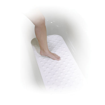 Close-up of a foot stepping securely onto the slip-resistant textured surface of the Drive Medical extra-long bath mat.