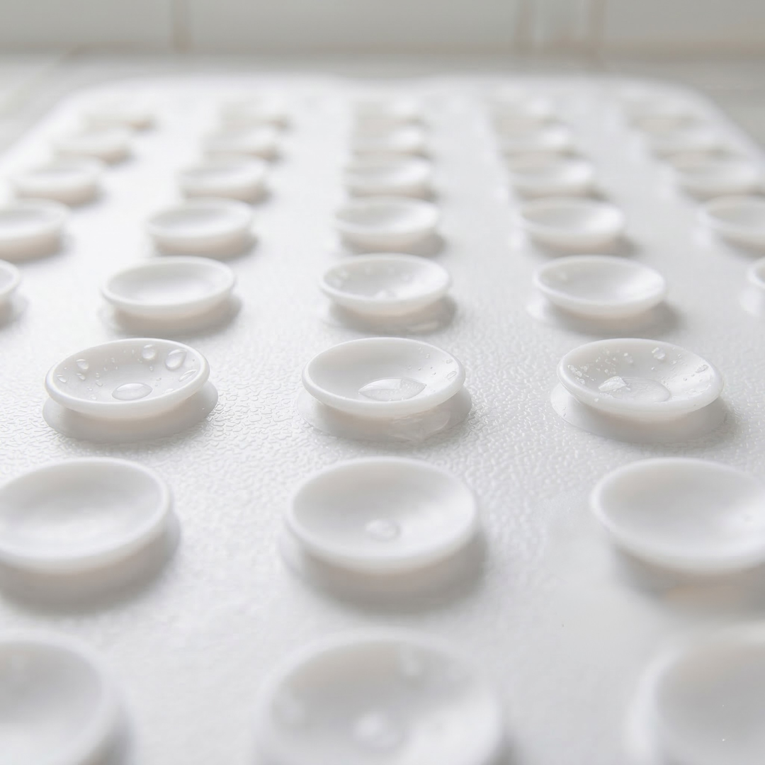 Close-up of the heavy-duty suction cups on the underside of the Drive Medical bath mat, engineered to grip securely to the tub floor.