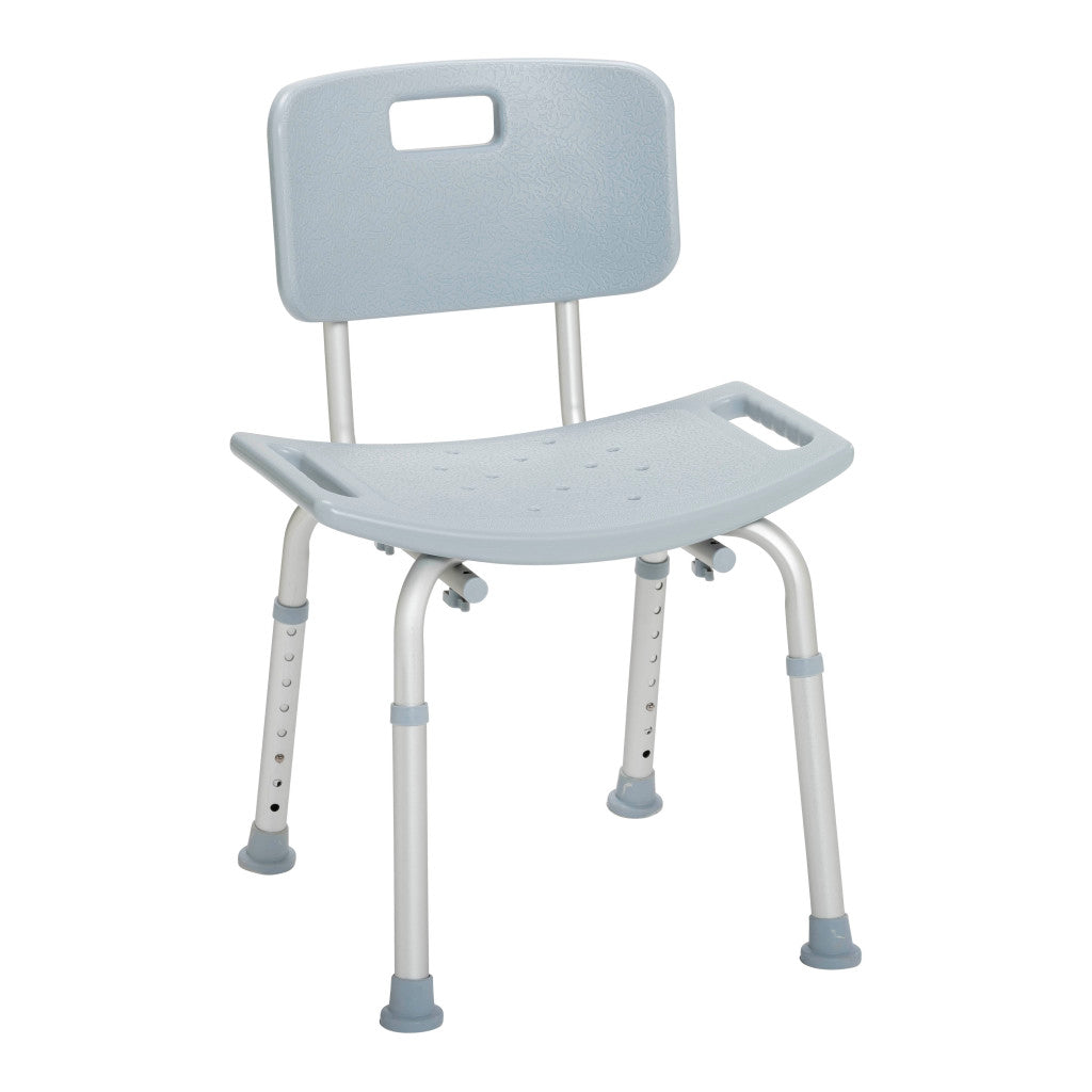 Straight rear view of the Drive Medical aluminum bath seat showcasing the built-in handle on the backrest for easy lifting.