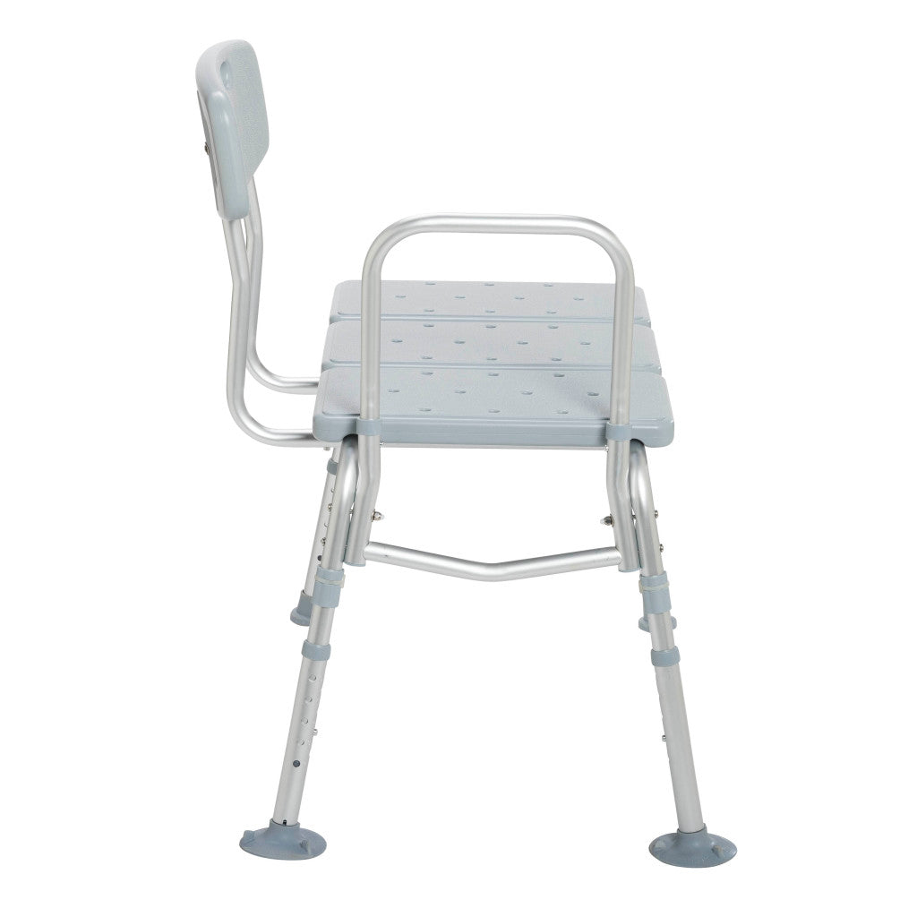 Side profile of the Drive Medical transfer tub bench highlighting the reversible backrest design and supportive frame.