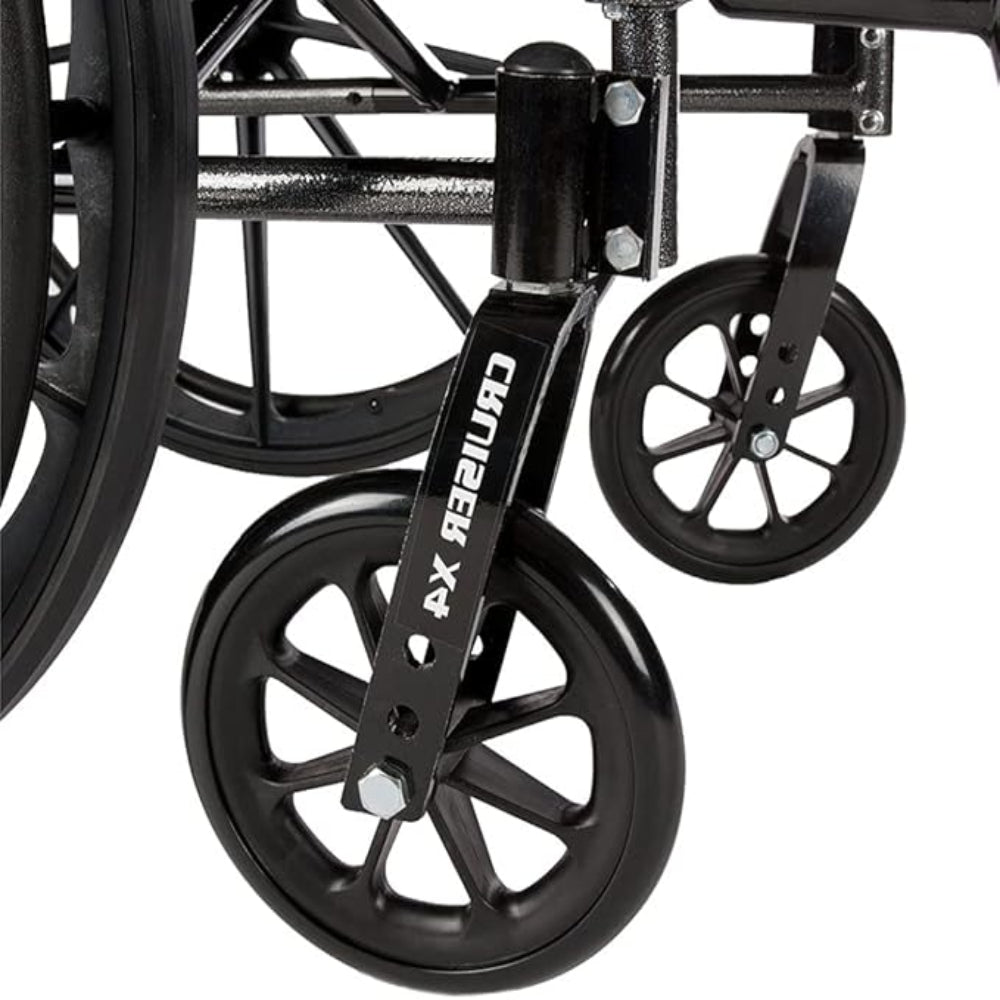 Close-up of the smooth-rolling front caster wheels and adjustable footrests on the Drive Medical Cruiser X4.